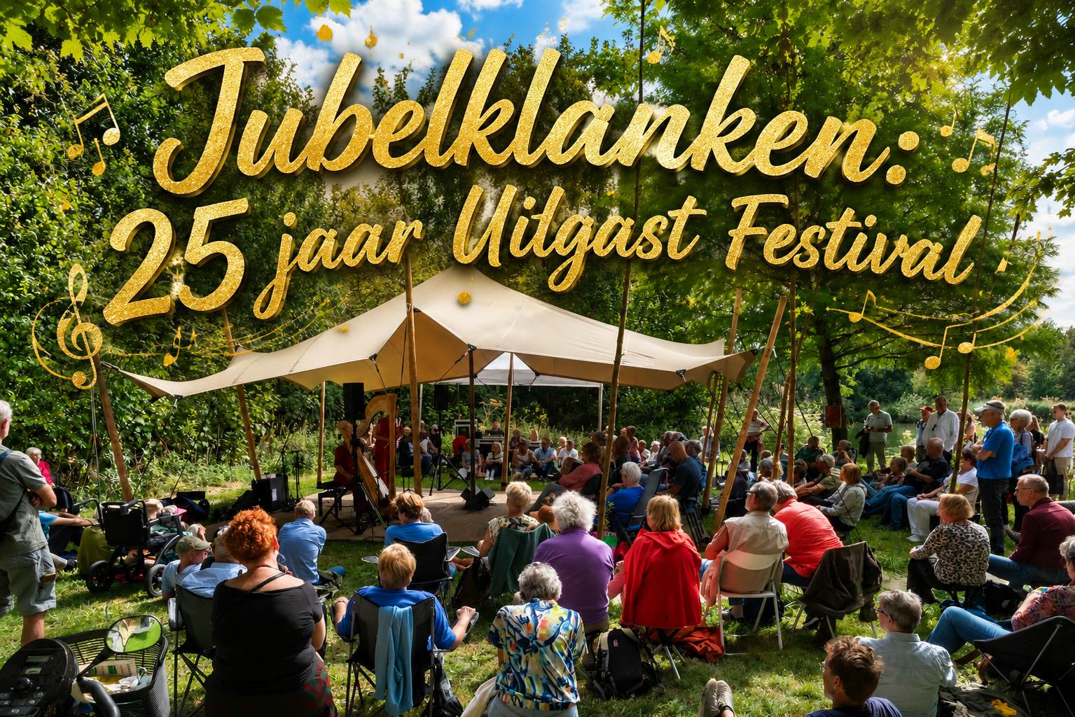 Bezoekers genieten van live muziek tijdens de feestelijke 25ste jubileumeditie van Uitgast Festival in het groene Natuurpark Lelystad op 29 en 30 augustus 2026.